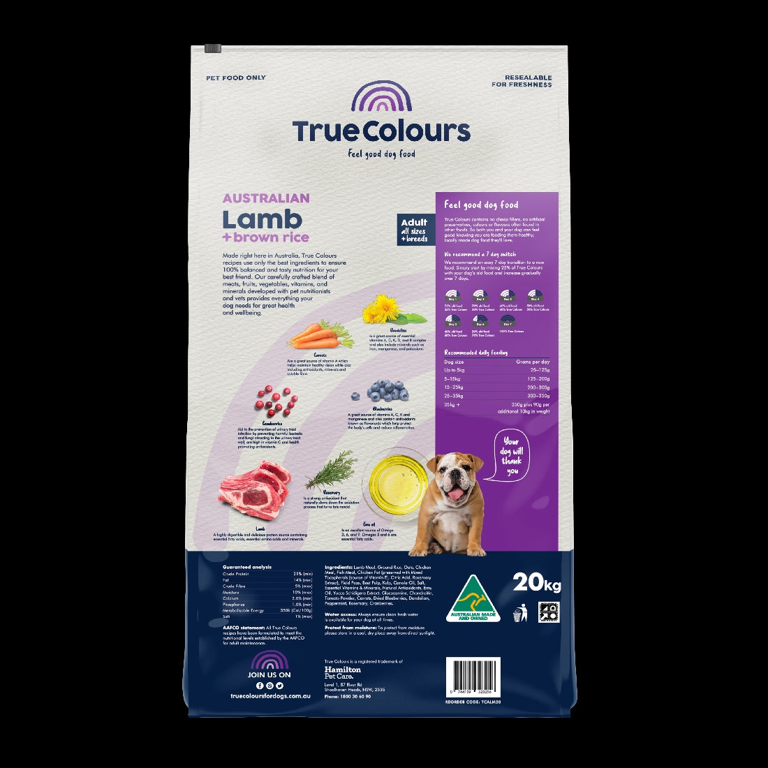 TRUE COLOURS ADULT LAMB & BROWN RICE 20KG Gold Coast Pet Centre