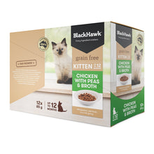 Load image into Gallery viewer, Pack of BLACK HAWK FELINE KITTEN CHICKEN, PEA &amp; BROTH 85GX12