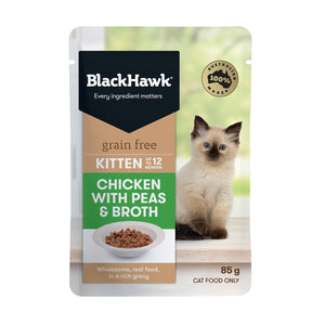 Pack of BLACK HAWK FELINE KITTEN CHICKEN, PEA & BROTH 85GX12